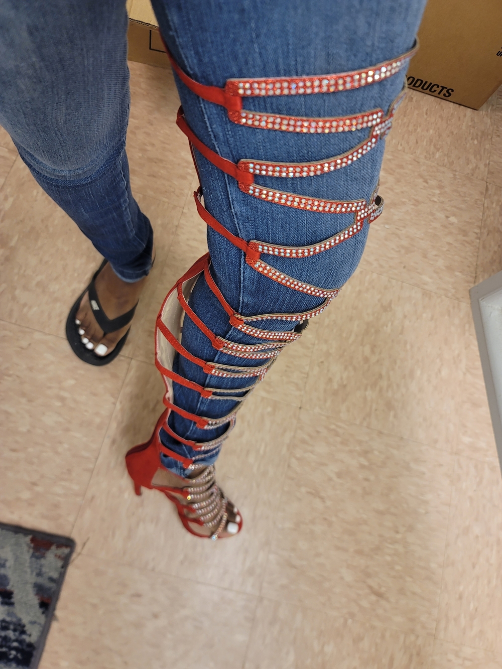 Red Gladiator Knee-High Strappy Sandals with Crystal Accents